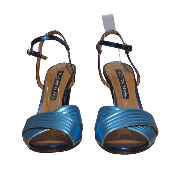 Veronica Beard Olympia Quarter Strap Sandals Heels Blue Leather Ankle 41 - Picture 3 of 13